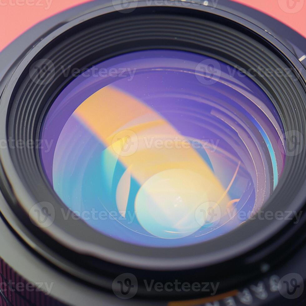 ai généré coloré réflexion proche en haut de une caméra lentille avec vibrant teintes pour social médias Publier Taille photo