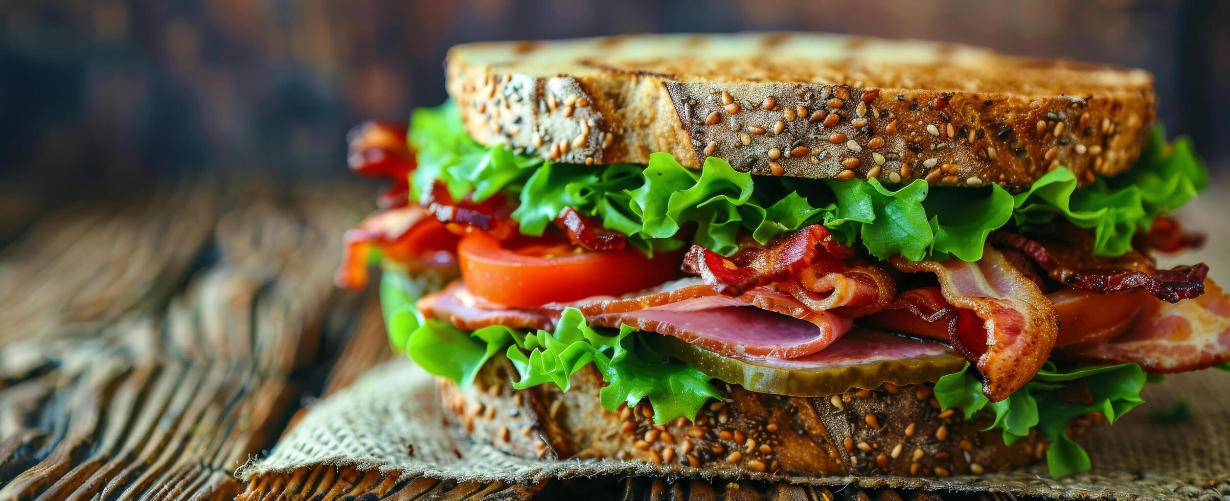 ai généré Bacon salade tomate sandwich sur en bois planche photo