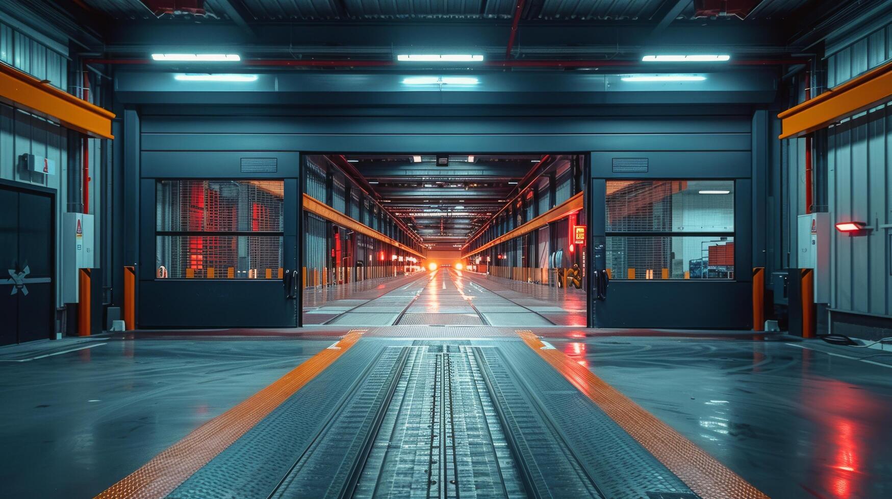 ai généré train Piste à l'intérieur grand bâtiment avec les fenêtres photo