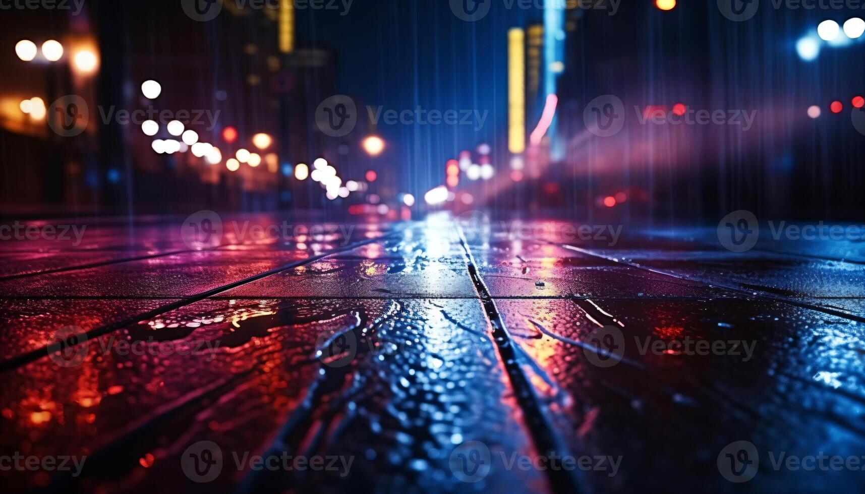 ai généré foncé rue, réflexion de néon lumière sur humide asphalte. des rayons de lumière et rouge laser lumière dans le sombre. nuit vue de le rue, abstrait coloré futuriste nuit ville Contexte. photo