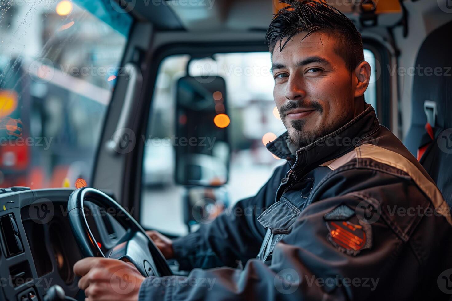 ai généré sur de soi Masculin un camion chauffeur souriant dans le cabine de une moderne un camion photo