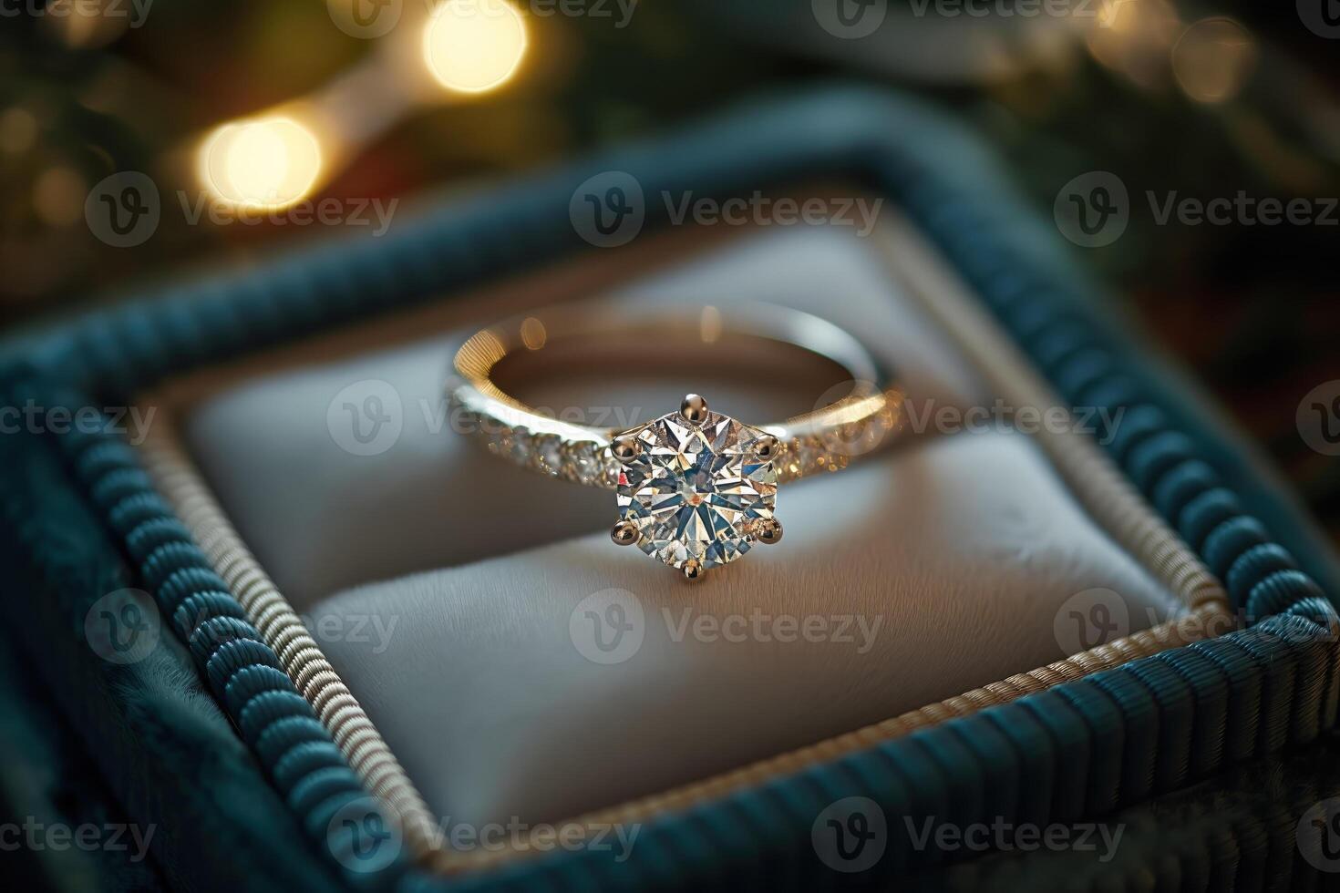 ai généré fermer de une diamant engagement bague dans une luxueux velours cas, avec doux bokeh lumières photo