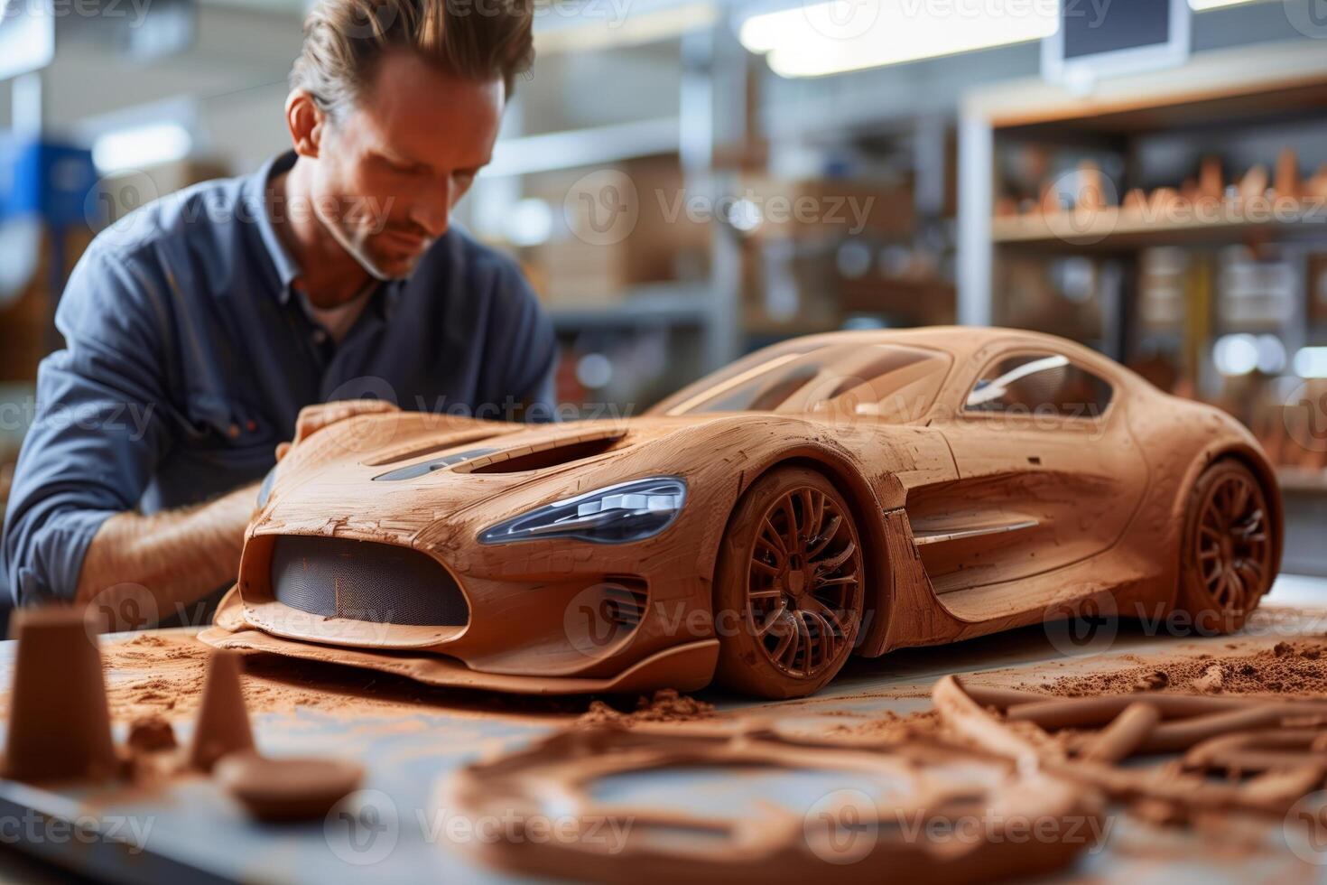 ai généré qualifié Masculin artisan méticuleusement formes un complexe argile modèle de une des sports voiture dans une atelier photo