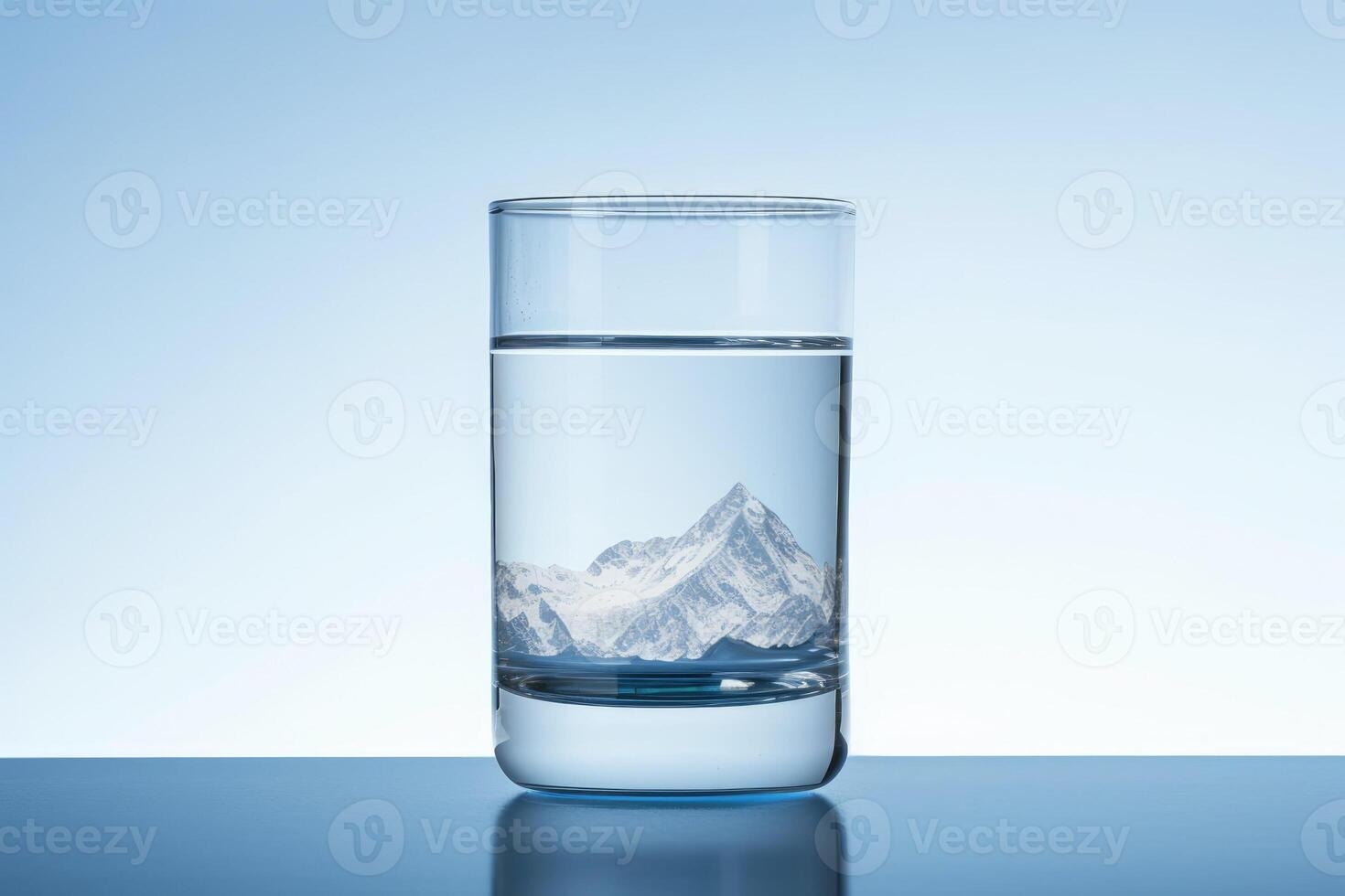 ai généré studio coup avec transparent verre de en buvant nettoyer l'eau avec le réflexion de montagnes dans il photo