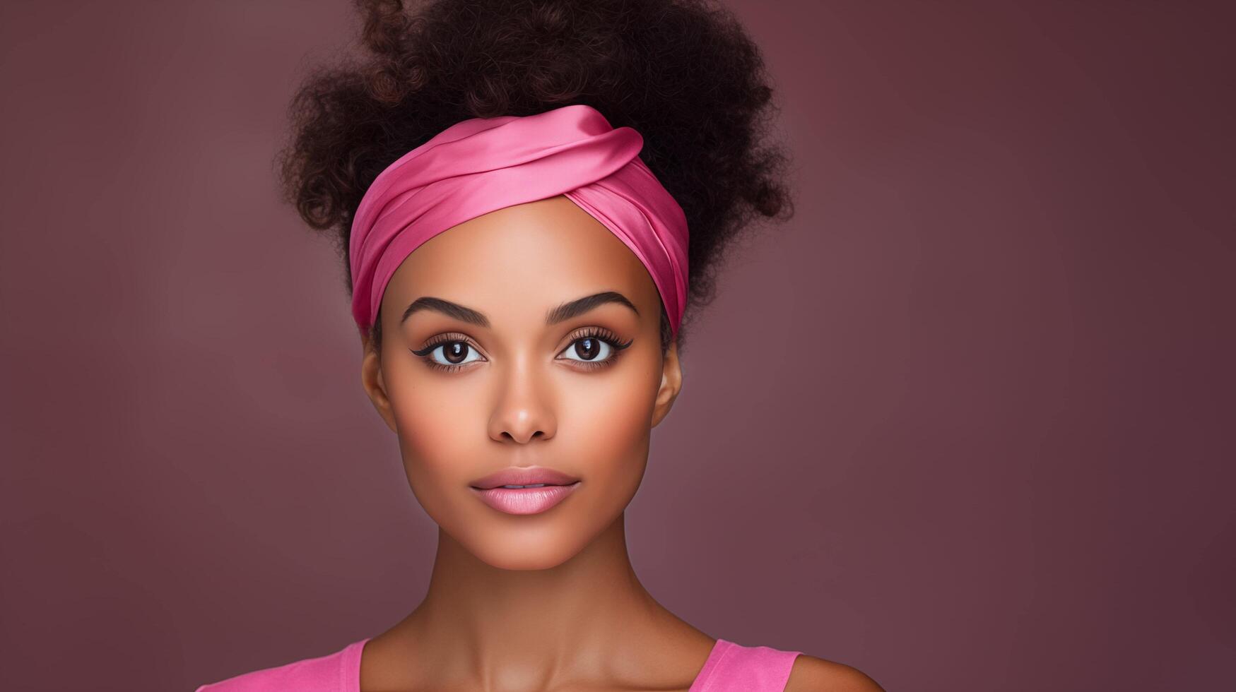 ai généré au milieu de une rêveur atmosphère de doux beige et rose tons, une radiant Jeune Afro-américain femme captive avec sa impeccable, embrasé peau et vibrant rose Bandeau photo