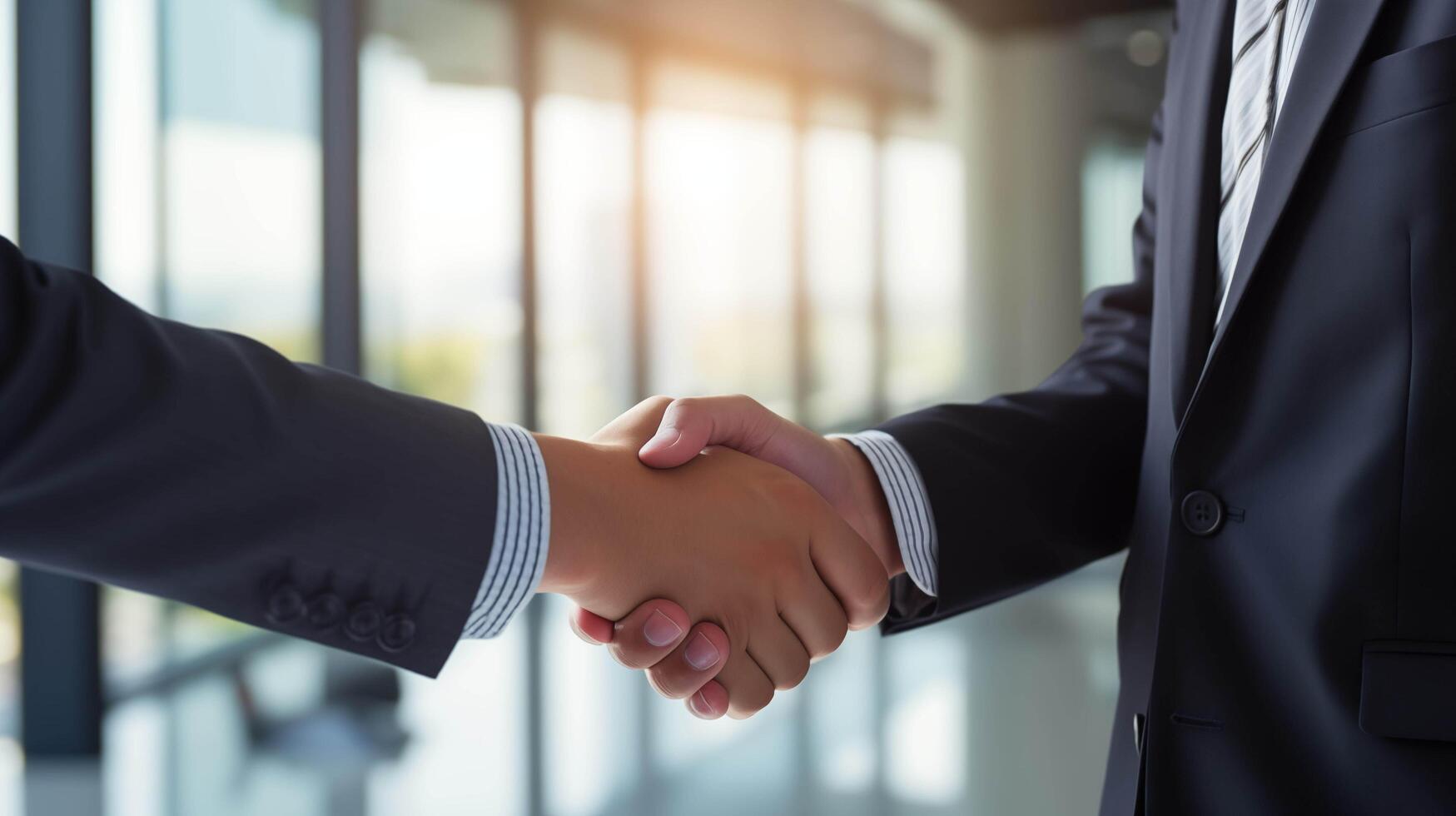 ai généré le limites de une moderne salle de conférence, deux entreprise les hommes d'affaires engager dans une raffermir poignée de main, leur visages dépeindre une mélange de détermination et confiance photo