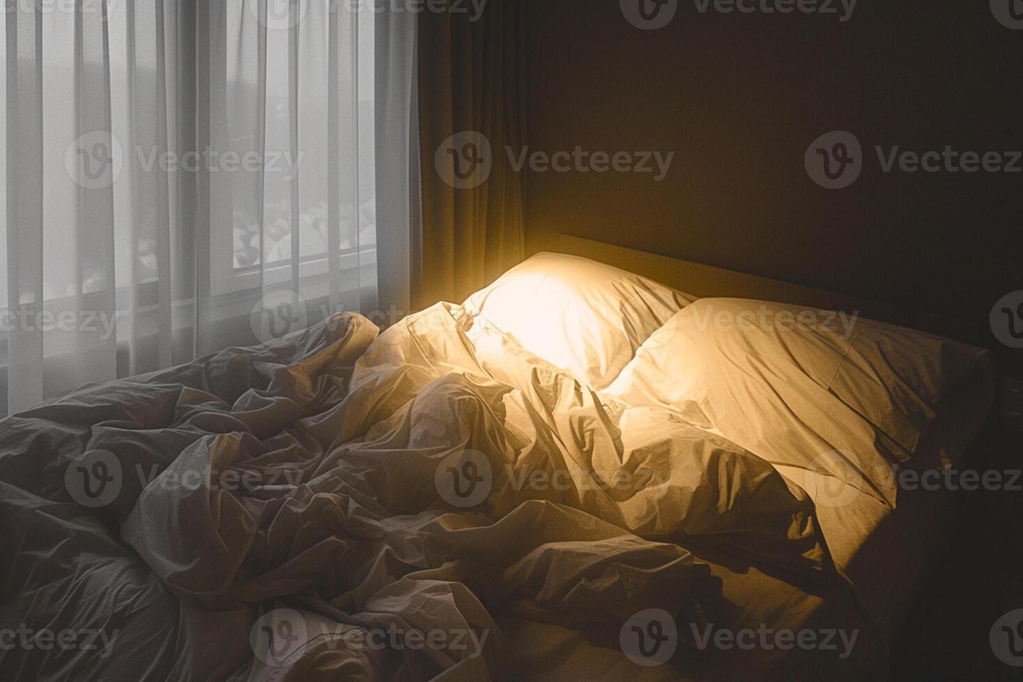 ai généré Matin conséquences blanc lit avec ridé feuilles après une nuit photo