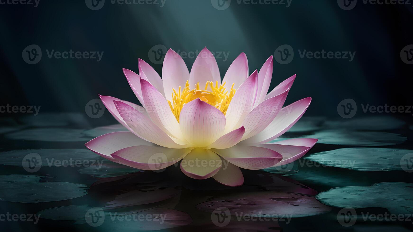 ai généré majestueux lotus fleur fleurit contre une sombre, mystérieux toile de fond photo