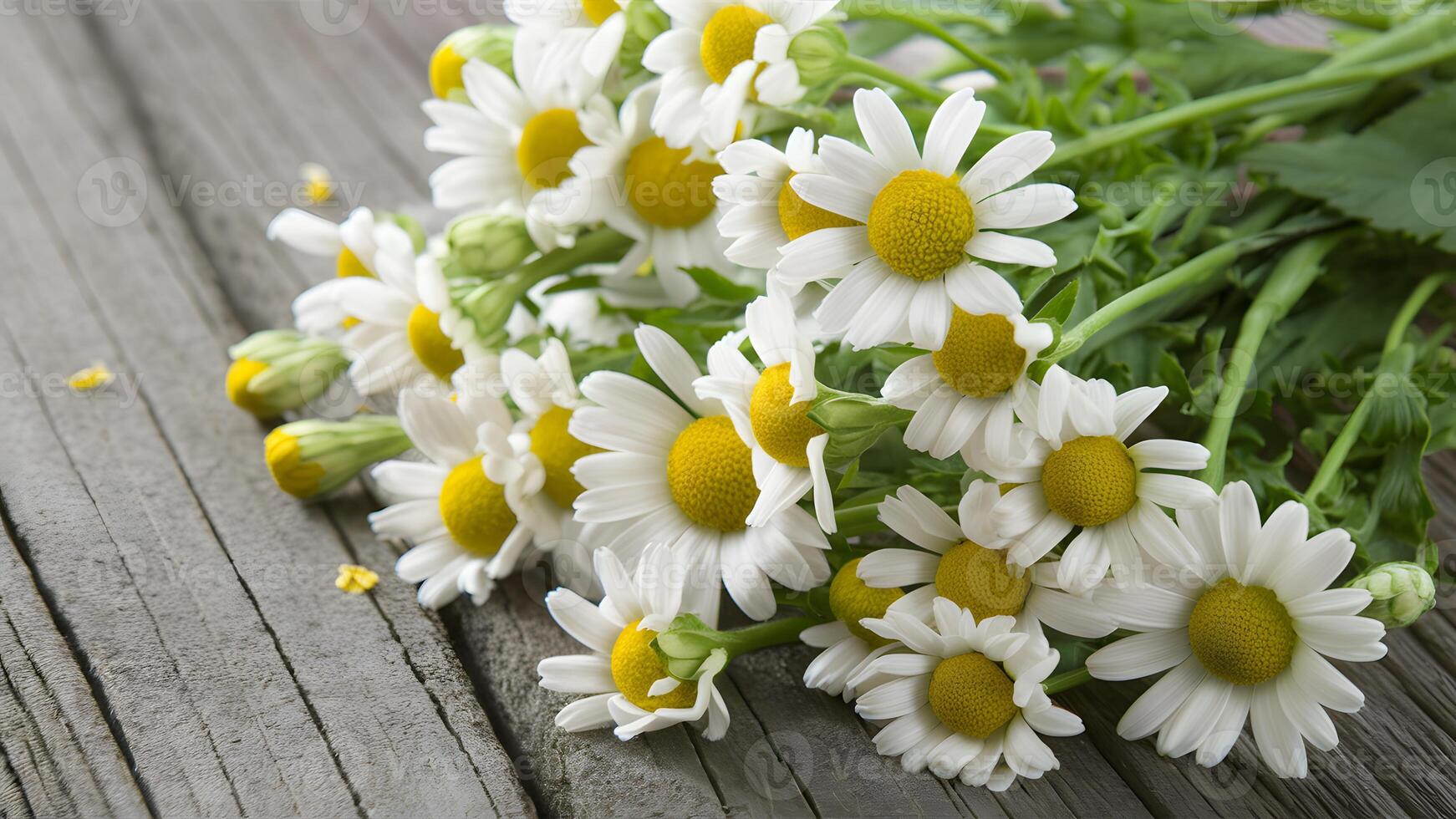 ai généré camomille fleurs arrangé sur une rustique en bois Contexte exsuder tranquillité photo