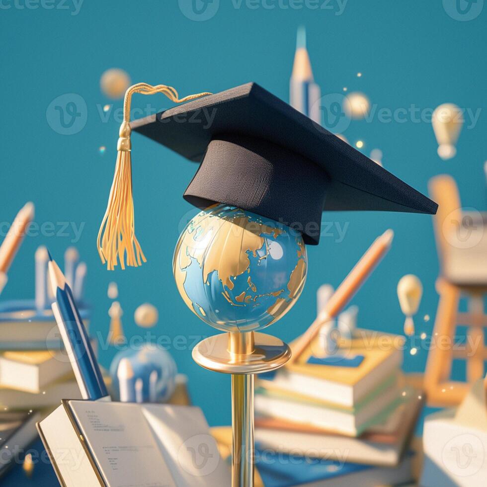 ai généré éducatif périple l'obtention du diplôme casquette avec Terre globe, retour à école pour social médias Publier Taille photo