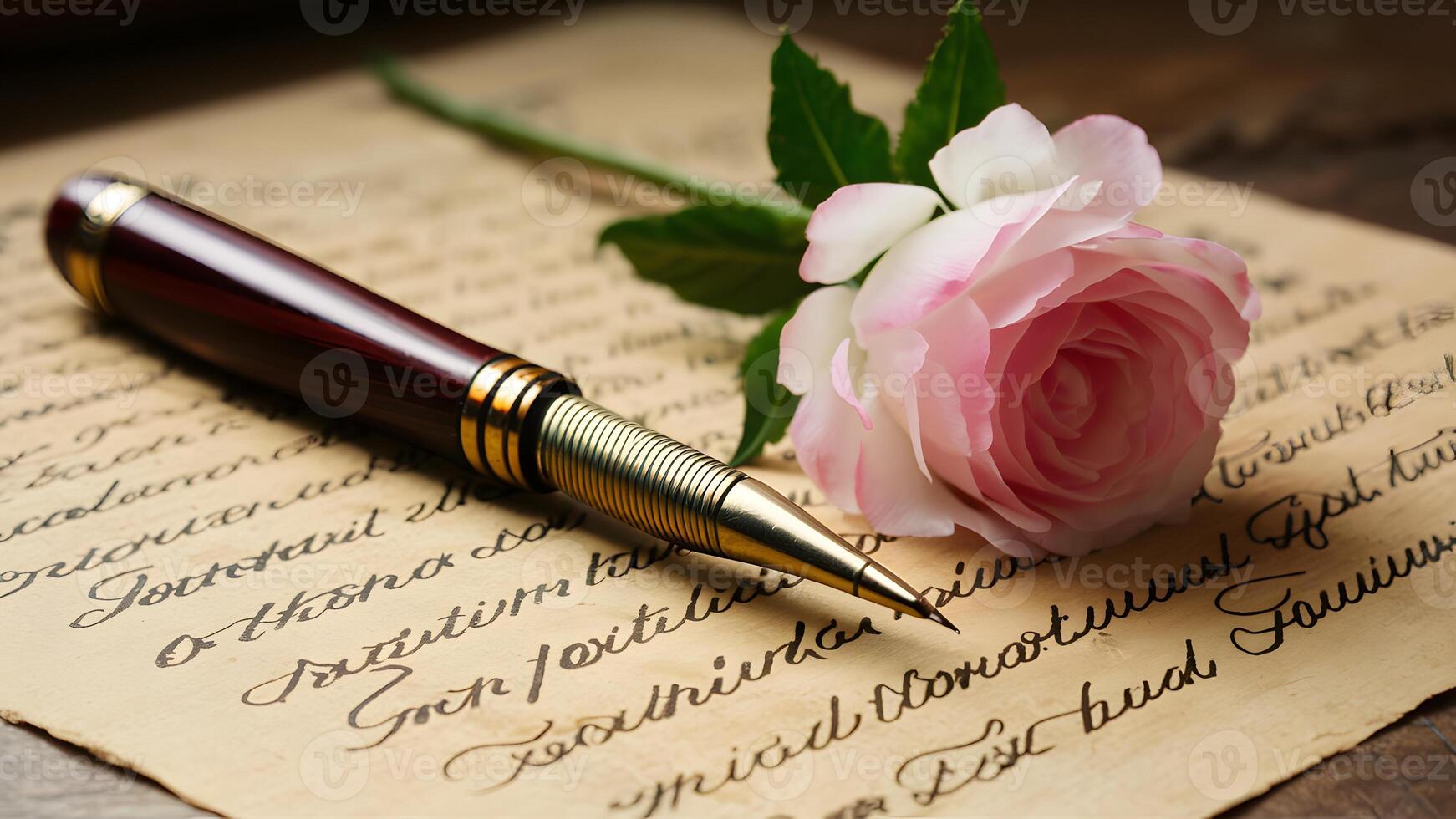 ai généré antique plume stylo sur vieux des lettres avec Rose fleur photo