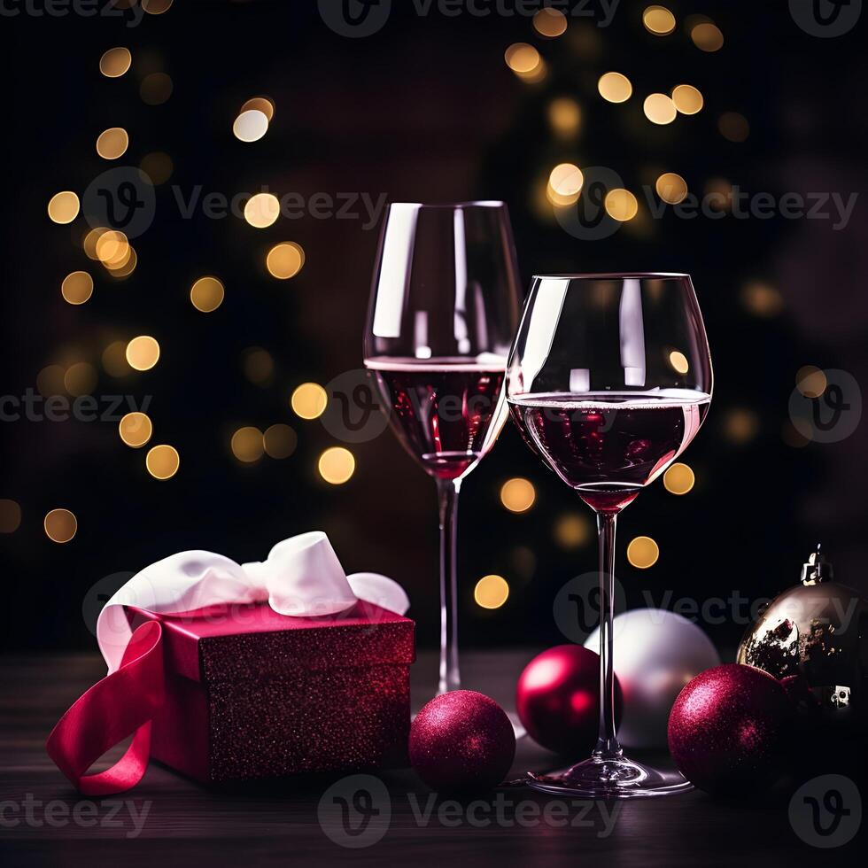 ai généré rouge du vin verre sur une foncé texturé. sapin branches avec guirlandes dans le Contexte. de fête atmosphère. Noël décor sur tableau. chaud Réchauffé du vin boisson dans une verre tasse Noël veille. photo