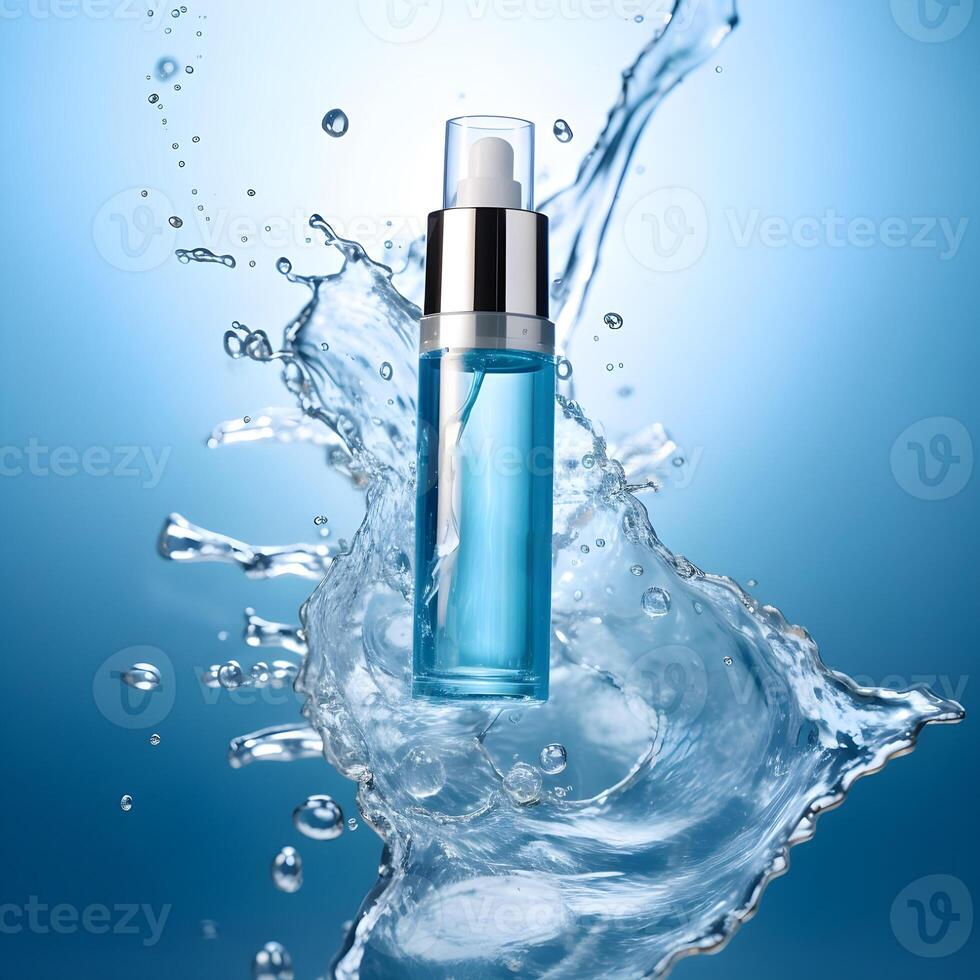 ai généré beauté produit bouteille maquette, cosmétique récipient dans liquide éclaboussure, soin de la peau produit emballage de face vue commercial modèle photo