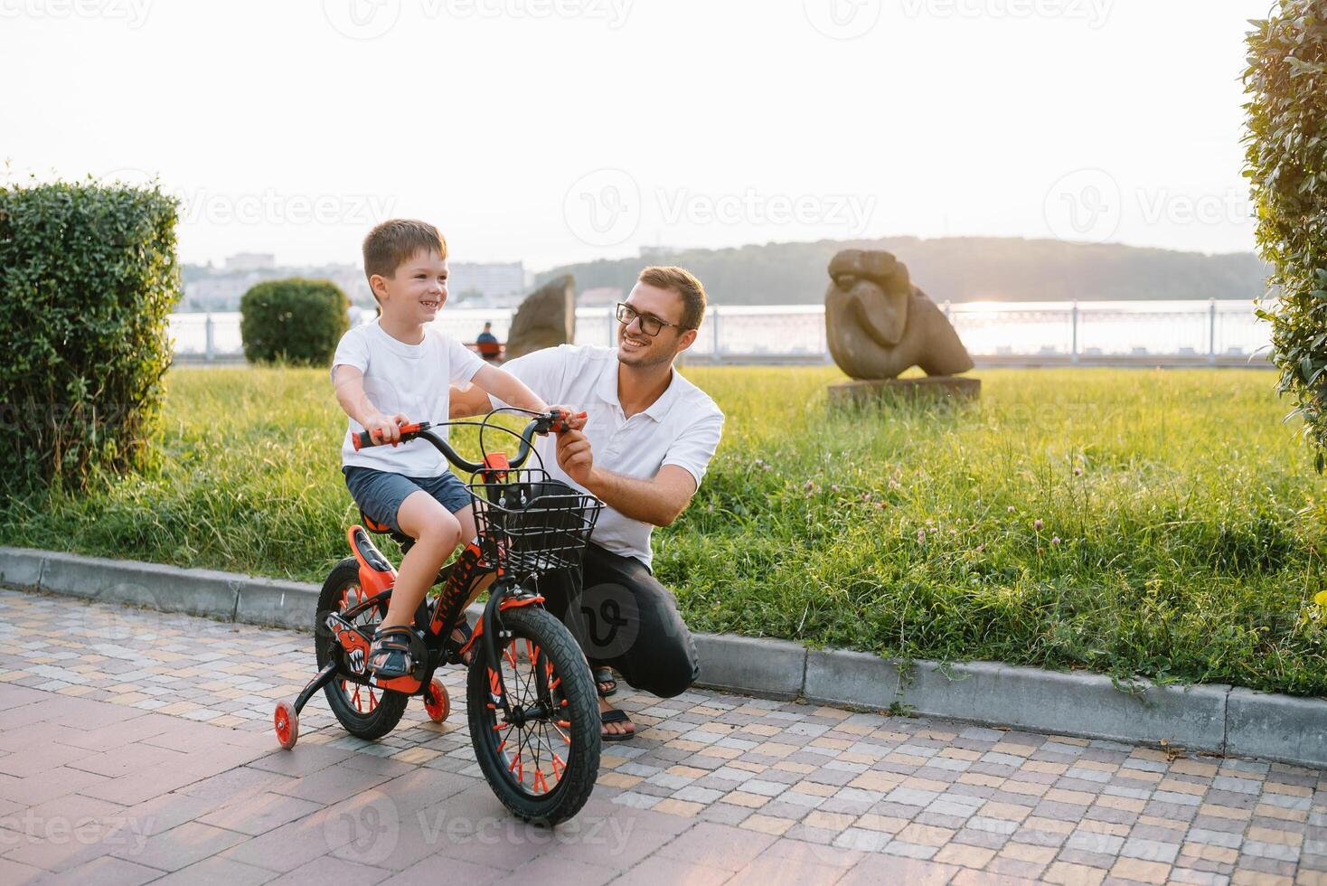 Jeune et content père enseigne le sien Jeune fils à balade une vélo. le enfant est content . père en train de regarder fils. du père journée photo