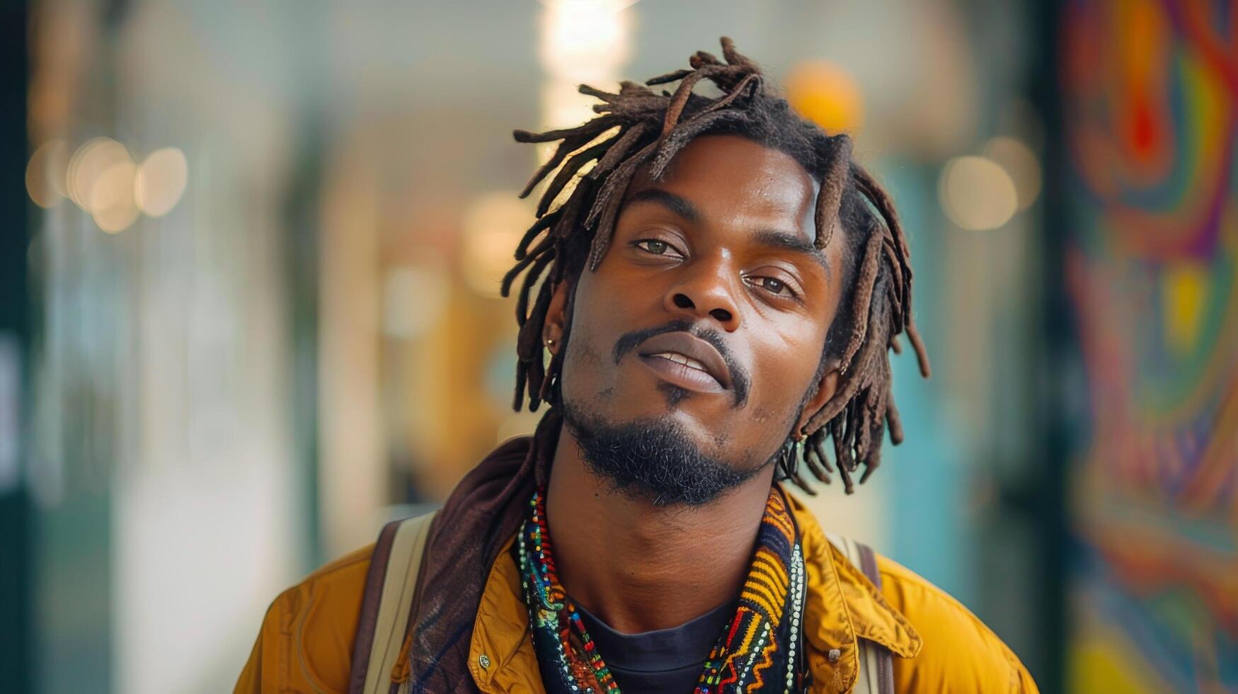 ai généré homme avec dreadlocks permanent dans de face de bâtiment photo