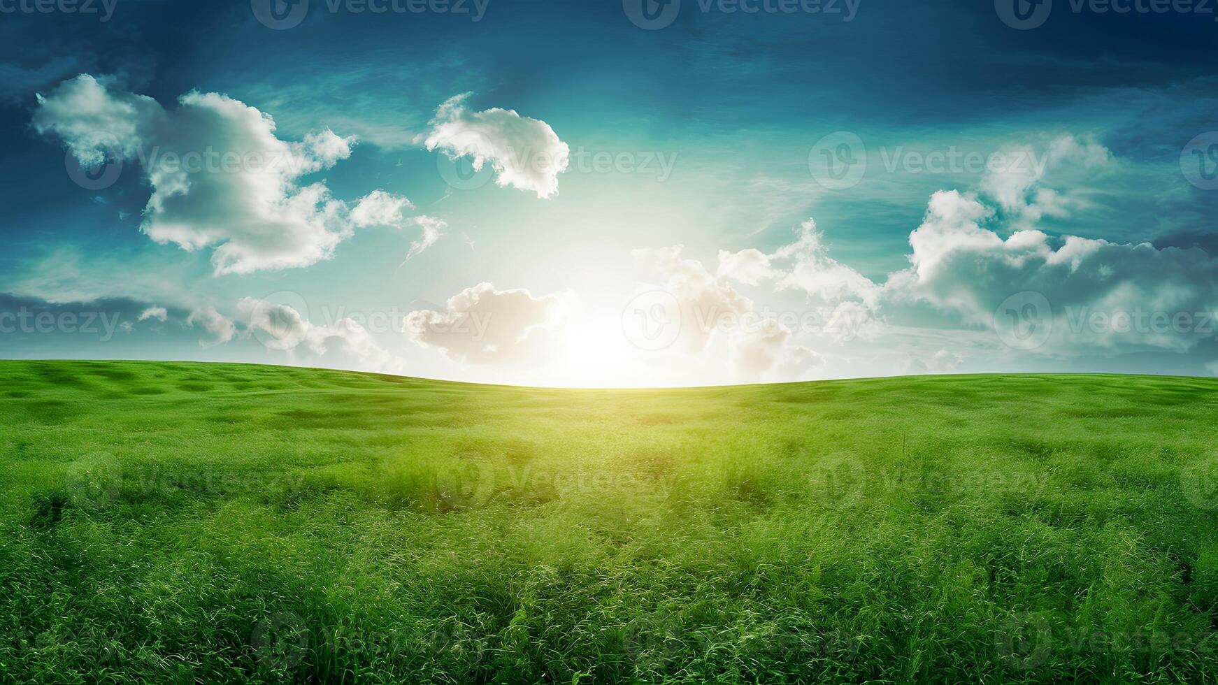 ai généré artistique été environnement paysage concept avec vert herbe et cloudscape photo