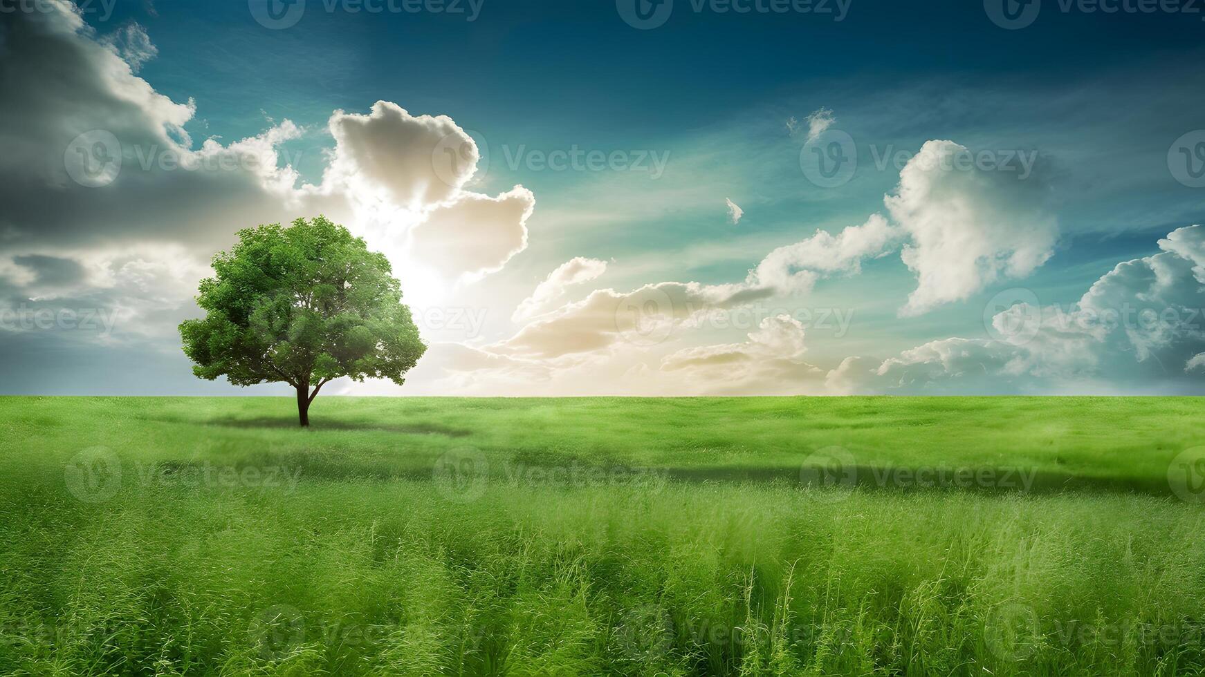 ai généré artistique été environnement paysage concept avec vert herbe et cloudscape photo