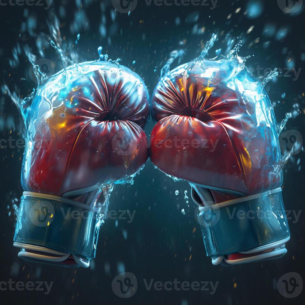 ai généré vue boxe gants avec une éclaboussure de l'eau sur une foncé Contexte pour social médias Publier Taille photo