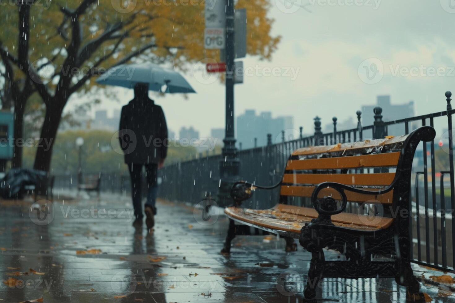 ai généré atmosphérique scène gars en marchant vers une banc sur une pluvieux journée photo