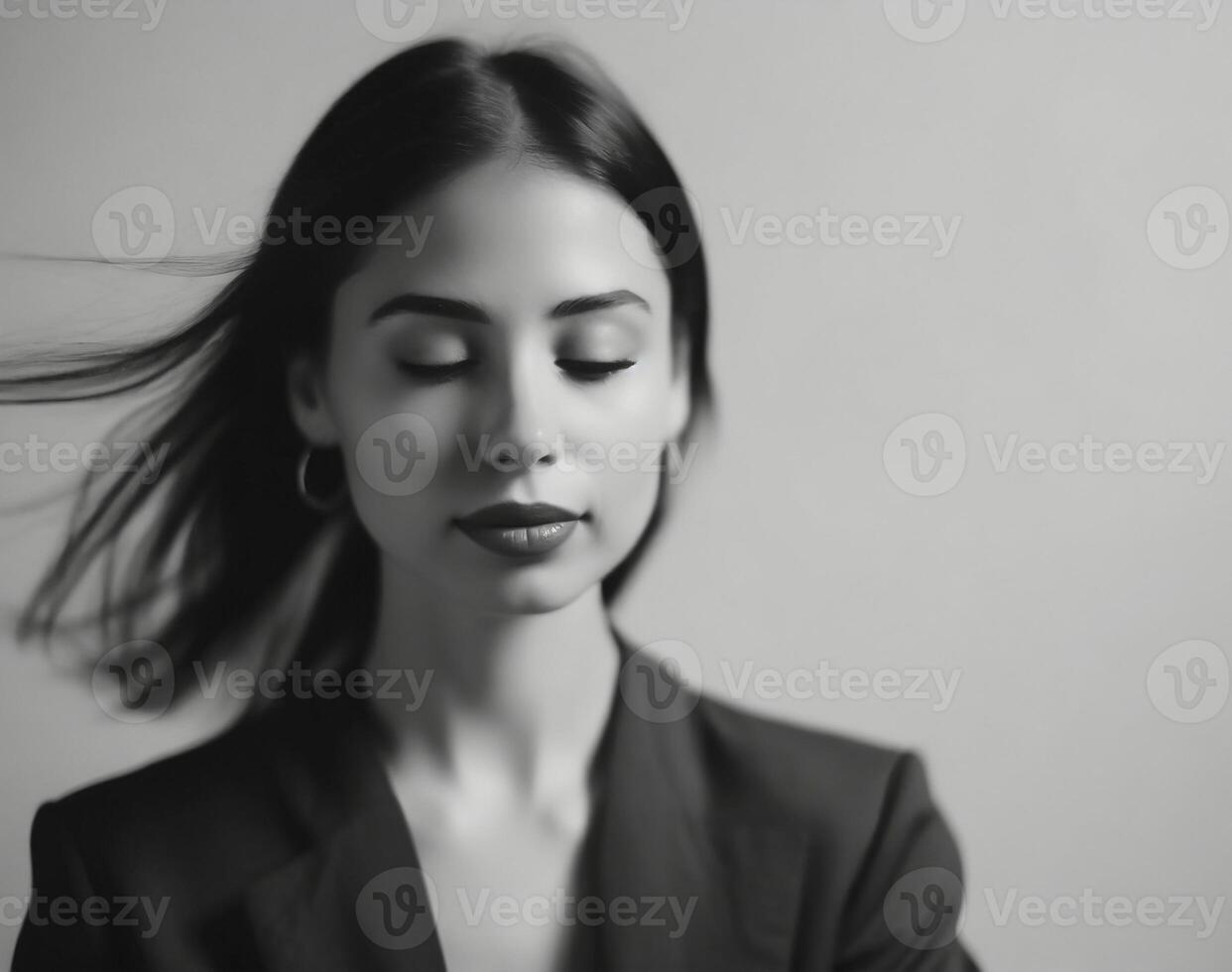 ai généré portrait de pensif femme dans flou noir et blanc photo