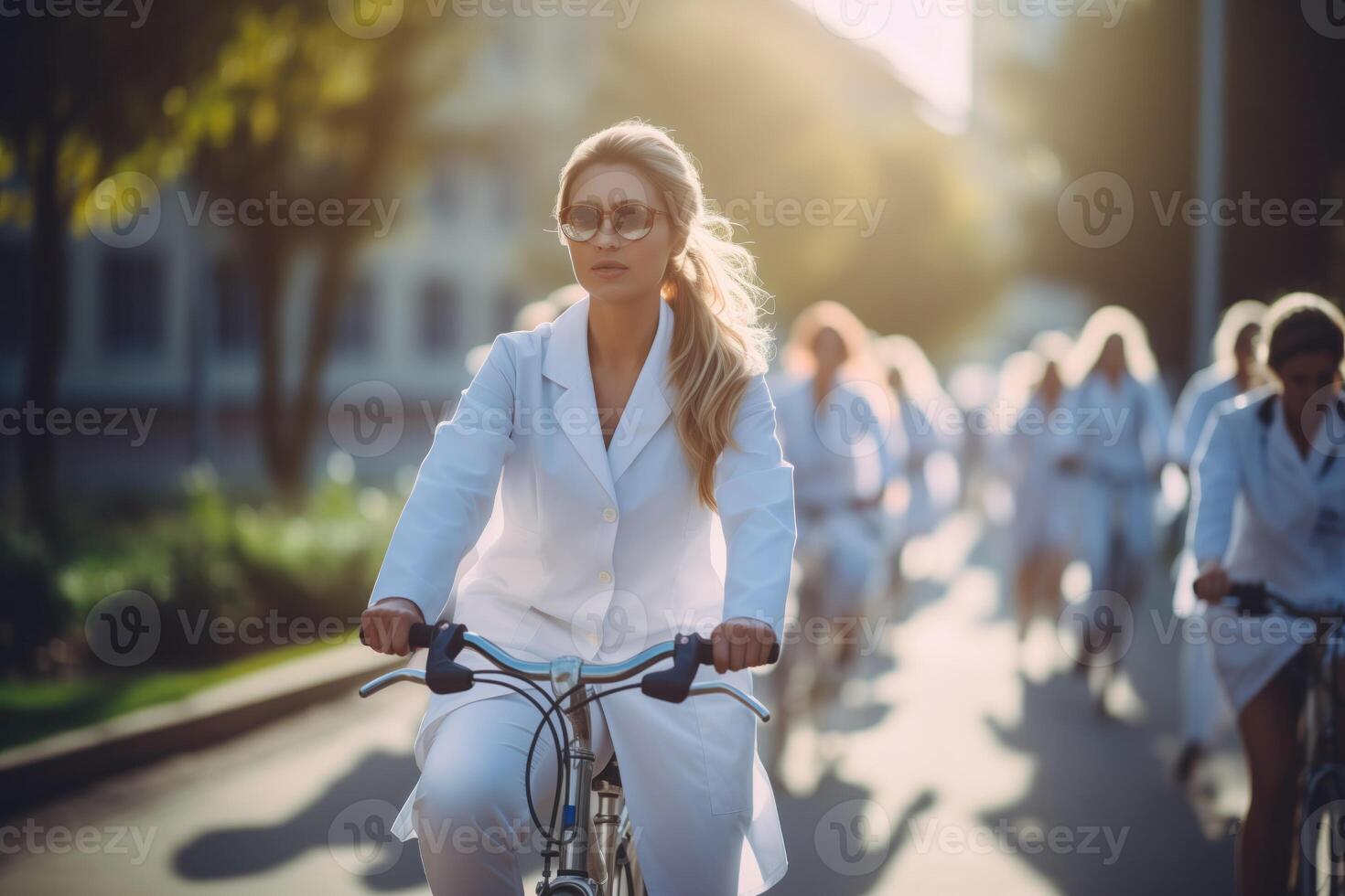 ai généré nombreuses médecins étaient cyclisme tranquille dans le hôpital Cour photo