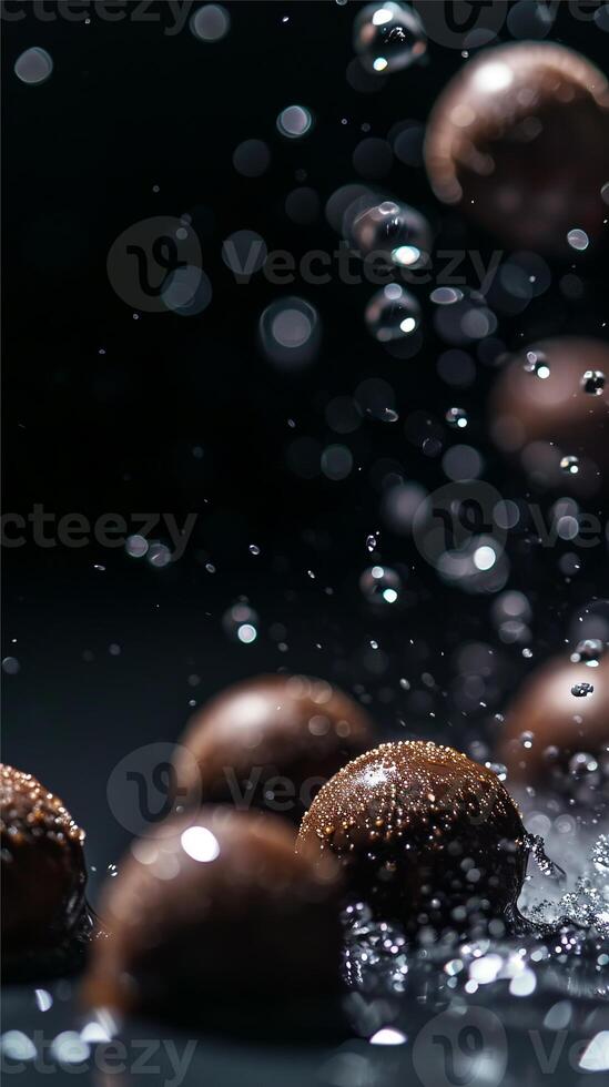 ai généré Chocolat des balles en volant avec l'eau gouttes sur foncé Contexte photo