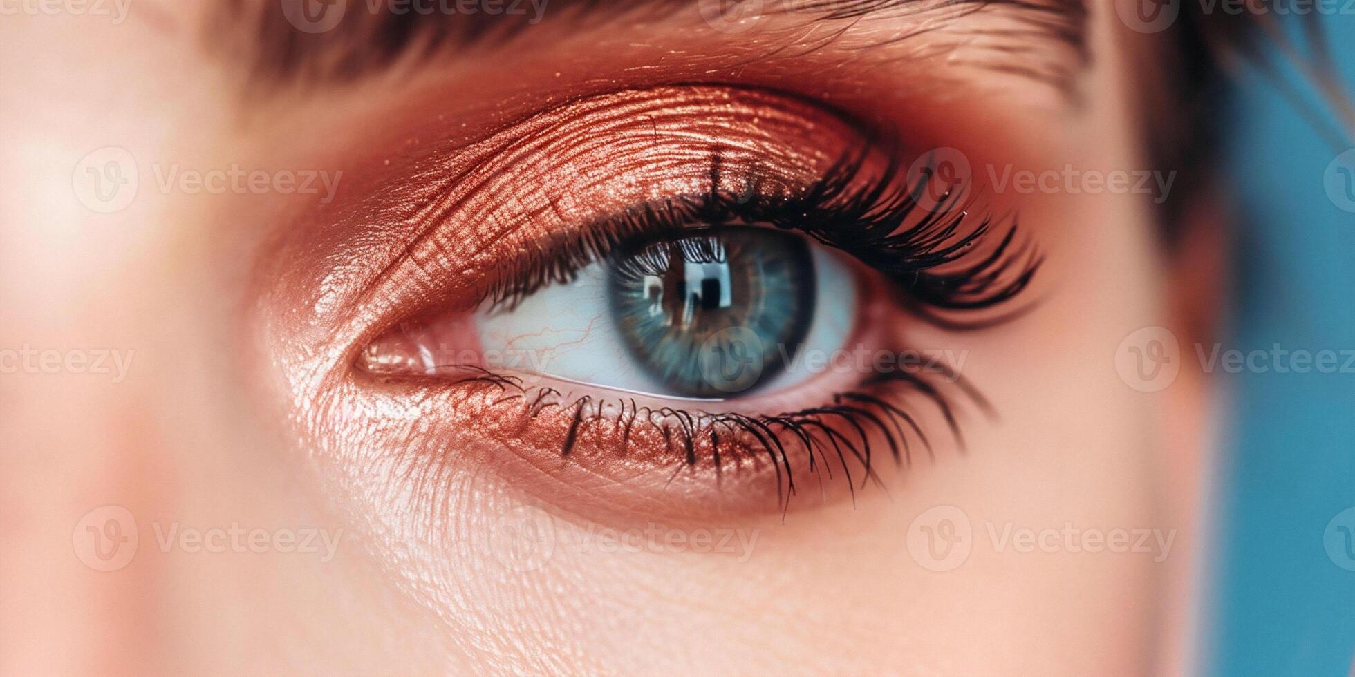 ai généré un œil avec gras, chatoyant rouge maquillage contre une bleu toile de fond, en saillie une sur de soi et frappant regarder. idéal pour spectaculaire beauté campagnes photo