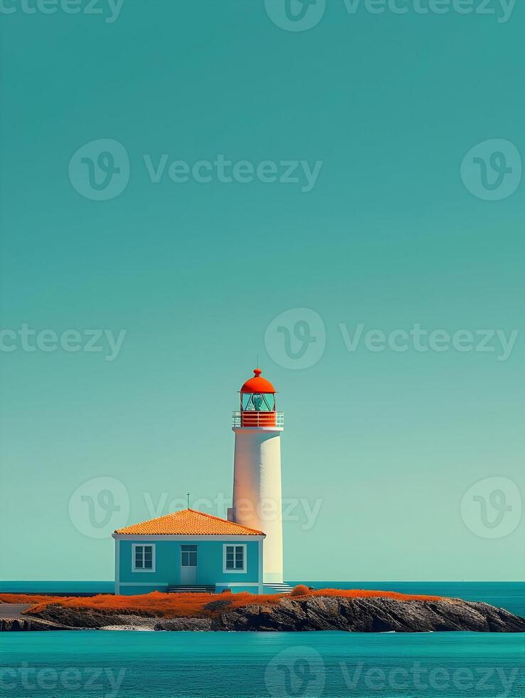 ai généré minimal rouge et blanc phare sur une bleu ciel Contexte. haute qualité. ai génératif photo