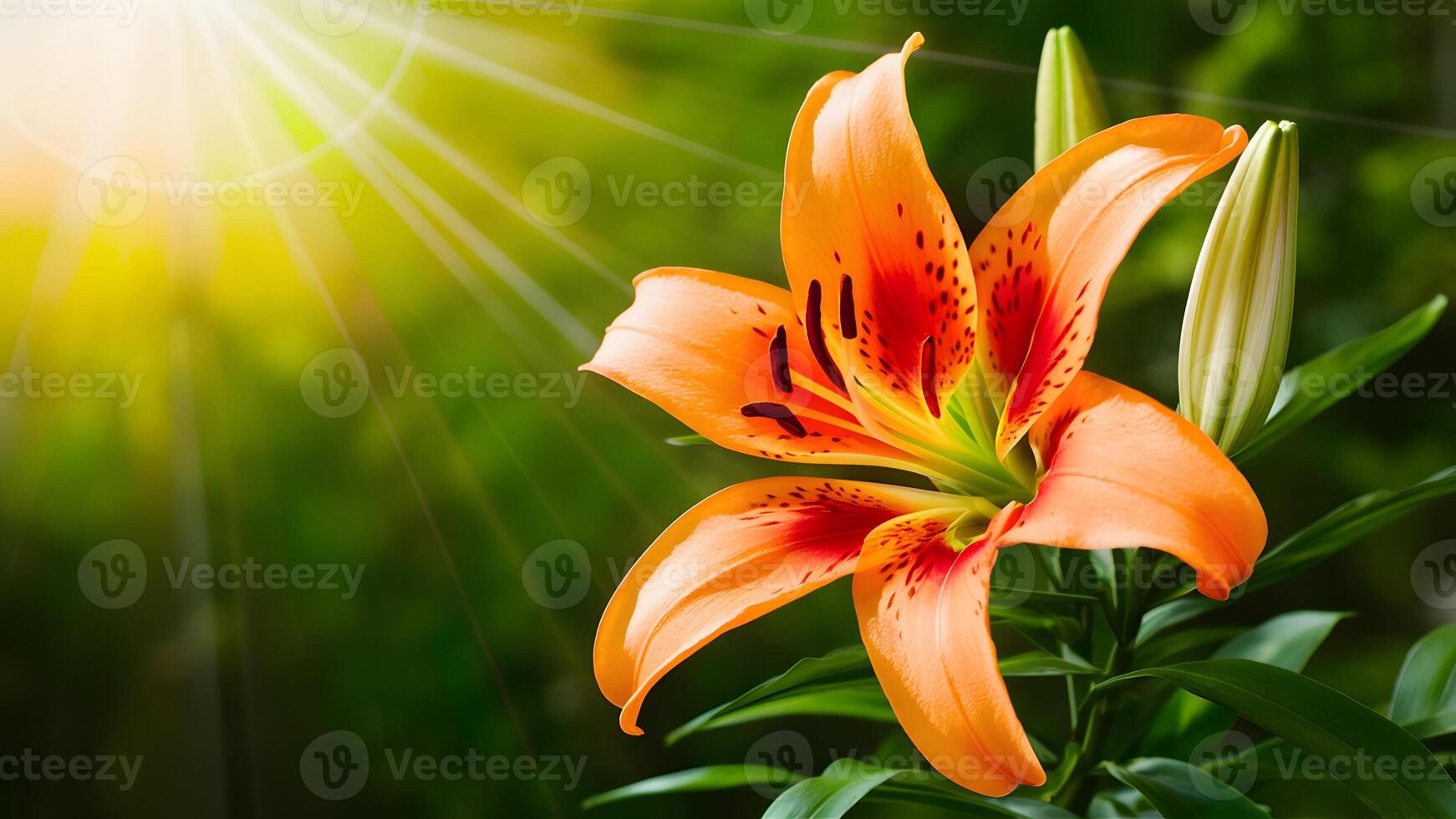 ai généré Orange lis fleur brillant en dessous de Soleil sur fond d'écran Contexte photo