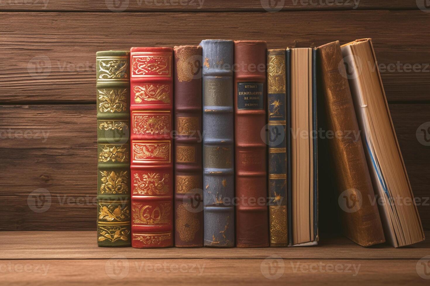 ai généré livresque élégance antique relié livres affiché sur en bois table photo