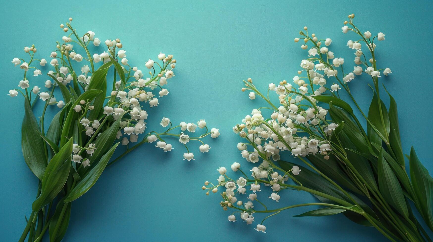 ai généré une magnifique bouquet de blanc fleurs de lys de le vallée mensonges sur le la gauche sur une bleu minimaliste pastel Contexte photo