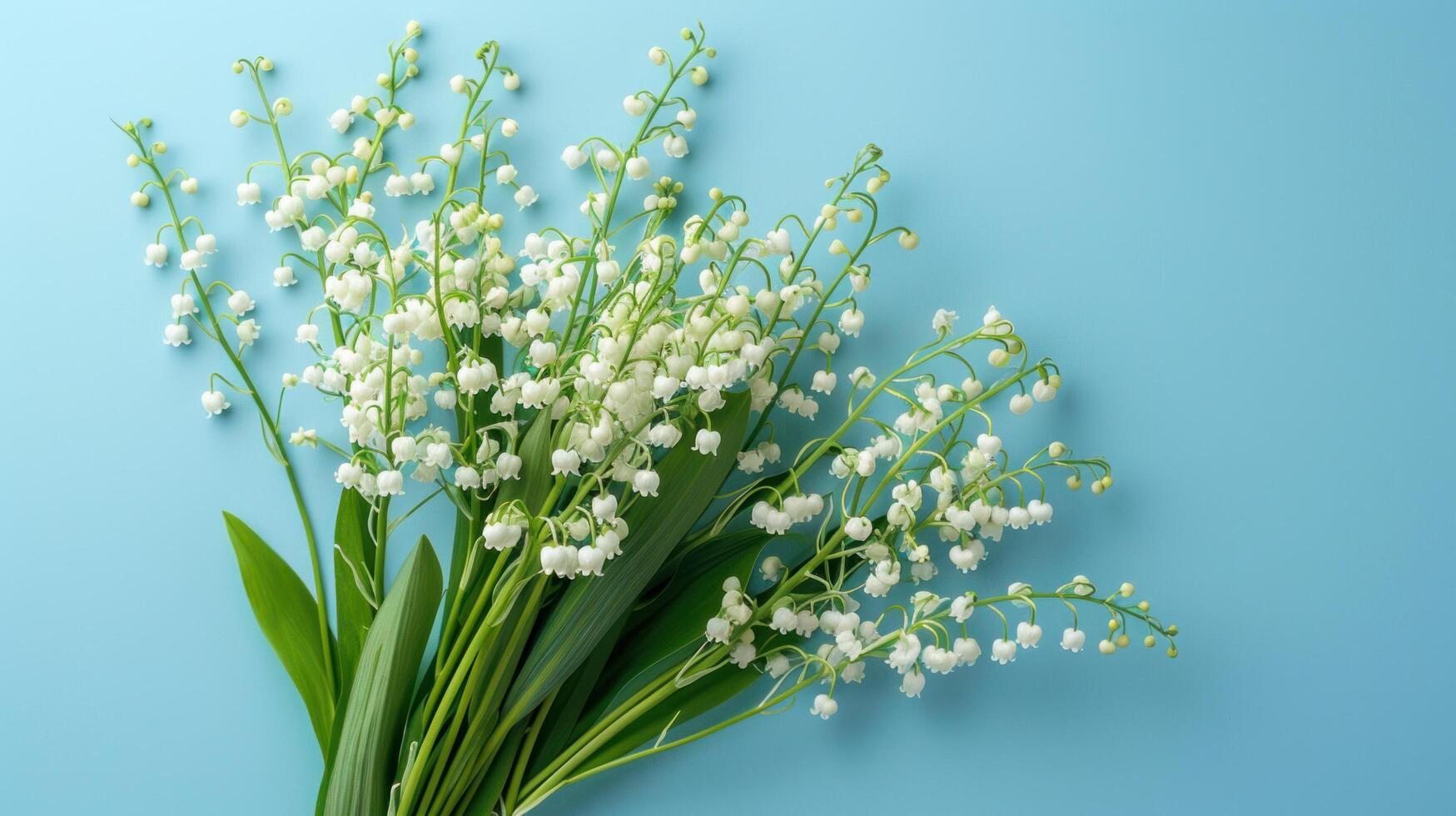 ai généré une magnifique bouquet de blanc fleurs de lys de le vallée mensonges sur le la gauche sur une bleu minimaliste pastel Contexte photo