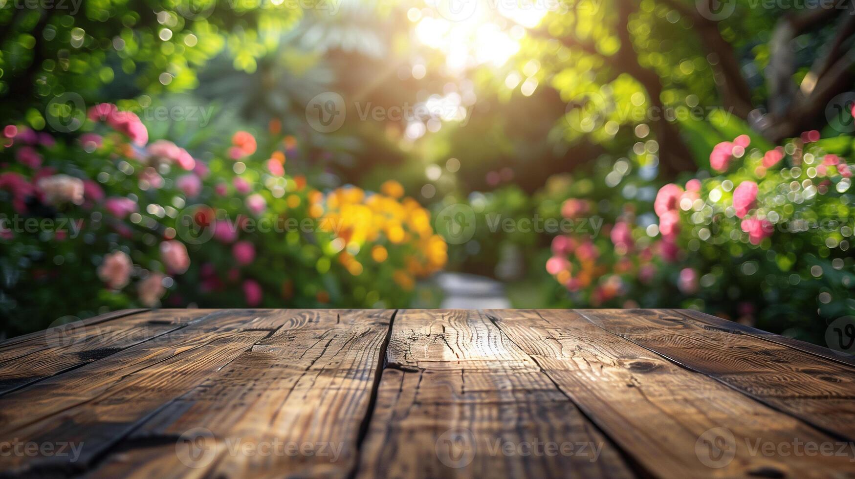 ai généré vide en bois table avec jardin Contexte photo