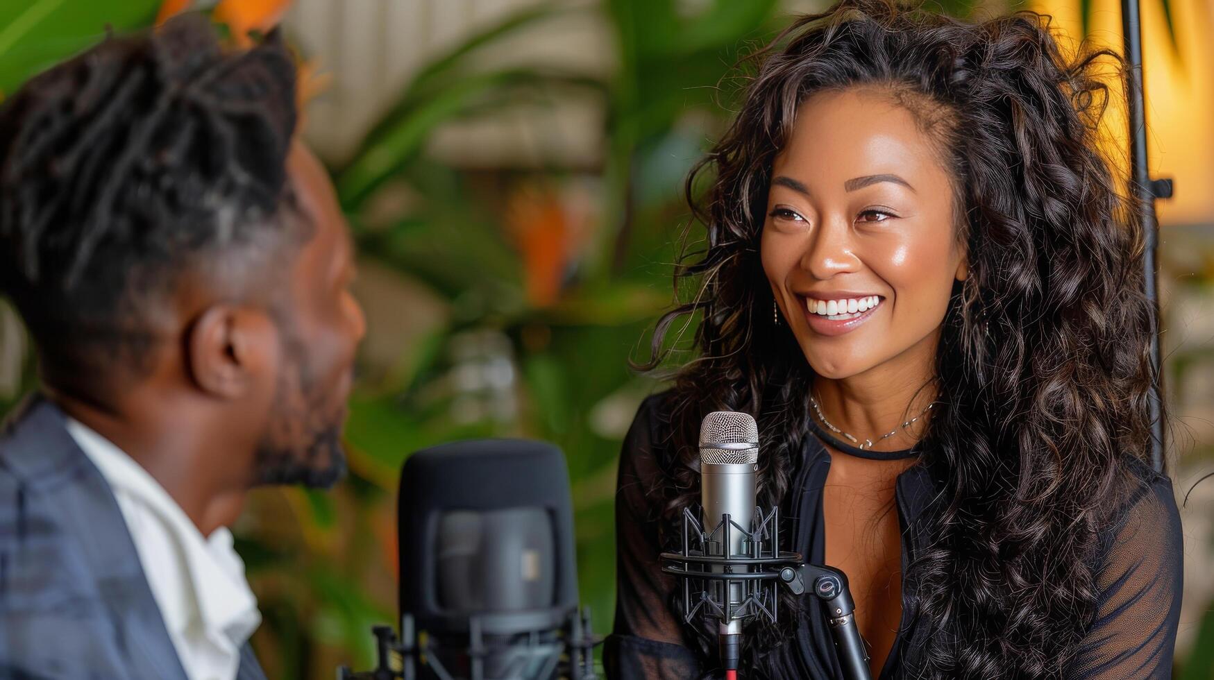 ai généré souriant femme avec frisé cheveux photo