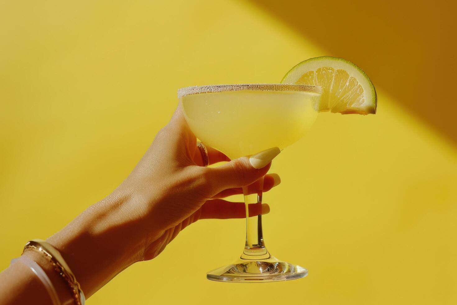 ai généré une la personne est en présentant une Margarita avec une main sur une Jaune Contexte photo