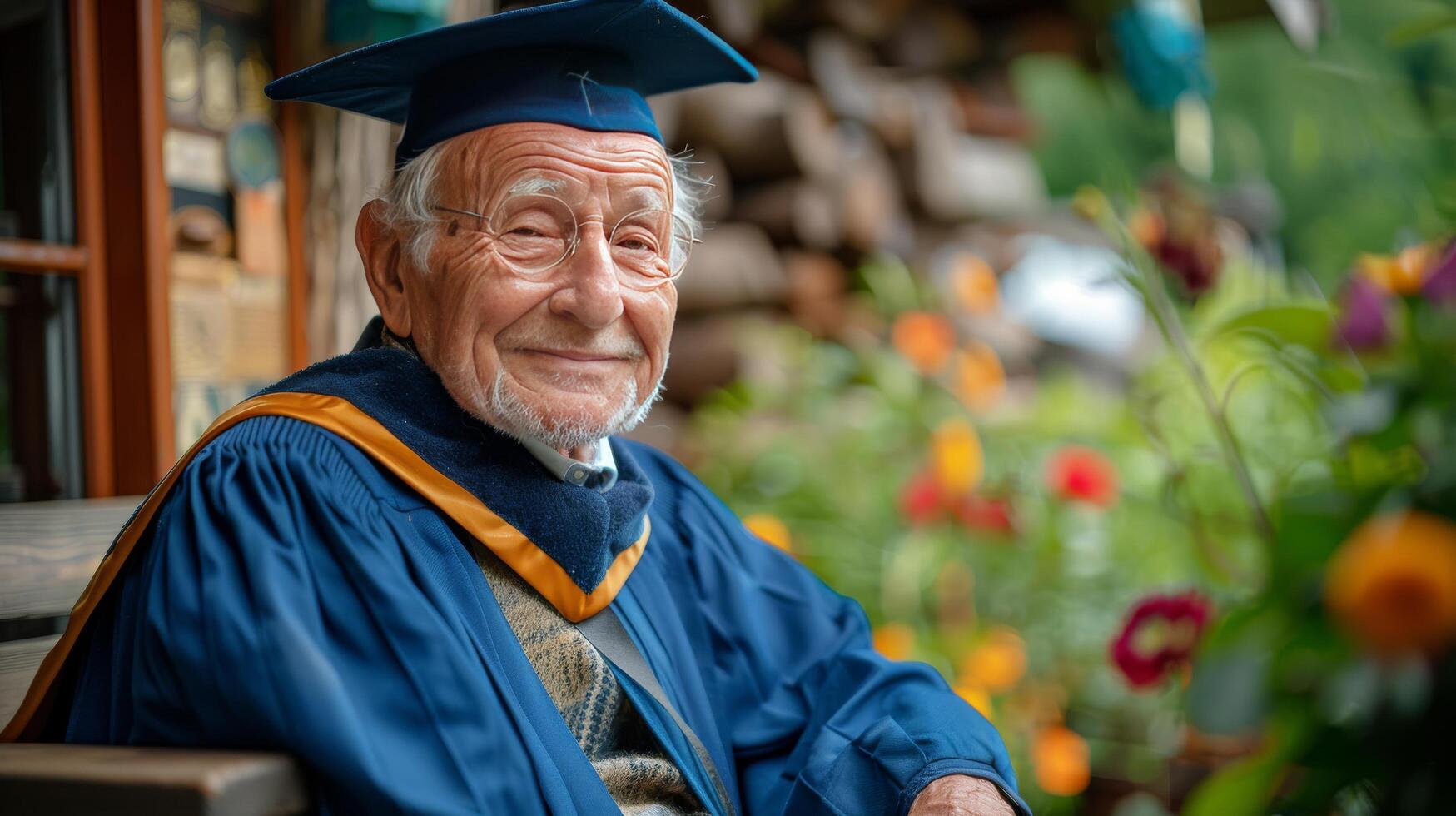 ai généré plus âgée homme dans l'obtention du diplôme robe séance parmi fleurs photo