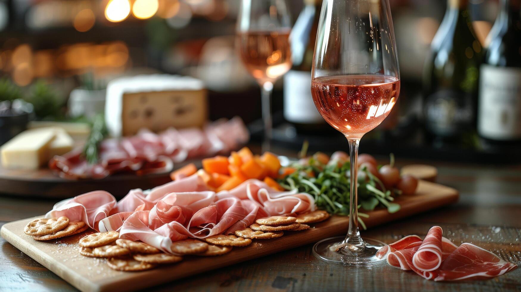 ai généré en bois table avec du vin des lunettes rempli avec du vin photo