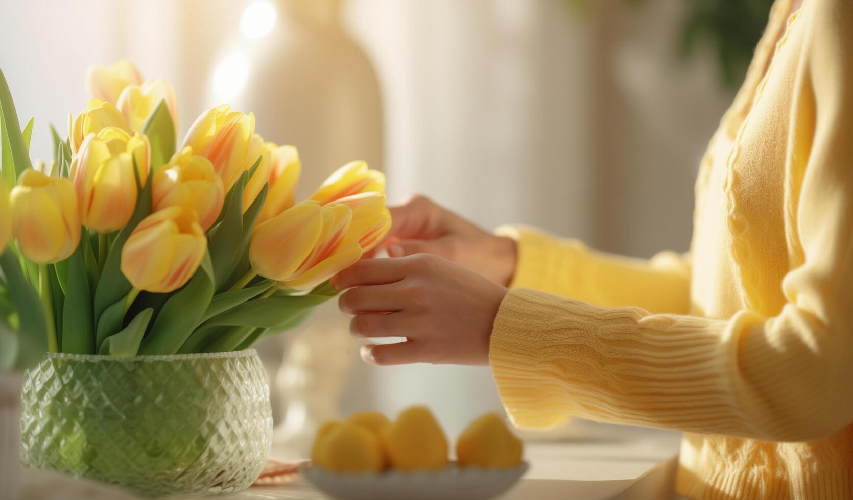 ai généré femme mains organiser Jaune tulipes dans une vase. photo