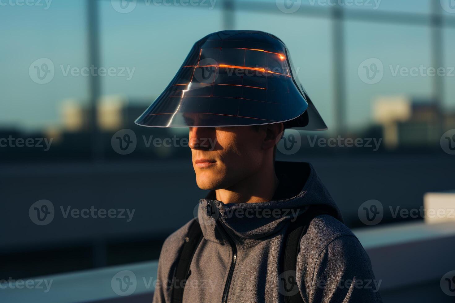 ai généré Urbain homme dans protecteur solaire chapeau sur Urbain rue. produire ai photo