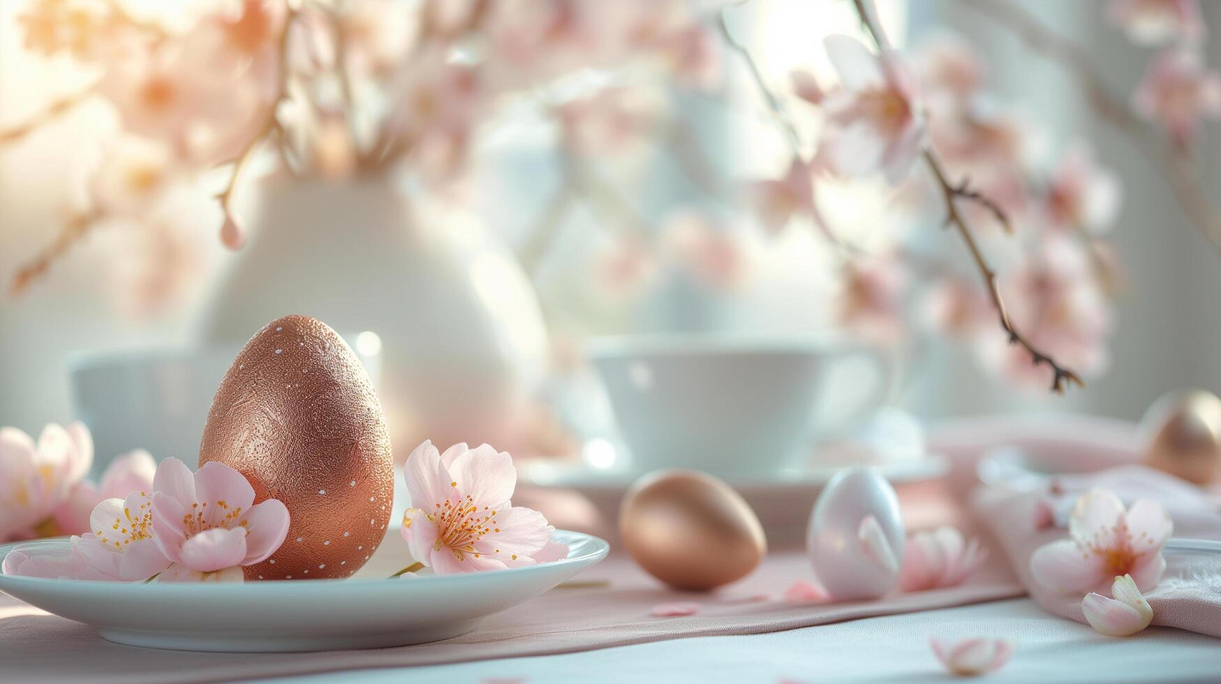 ai généré Chocolat Pâques Oeuf sur une coloré Pâques table décoré pour le faire la fête. photo