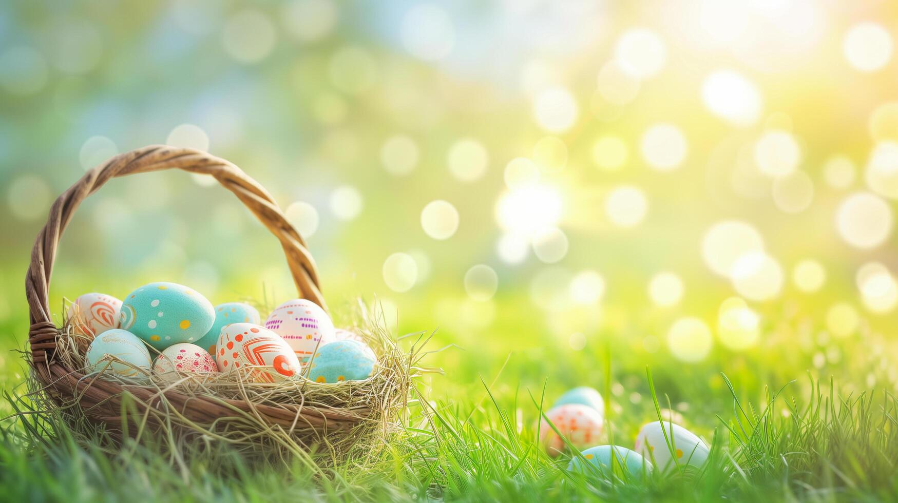 ai généré Pâques des œufs dans une panier sur vert herbe, ensoleillé printemps Contexte. photo