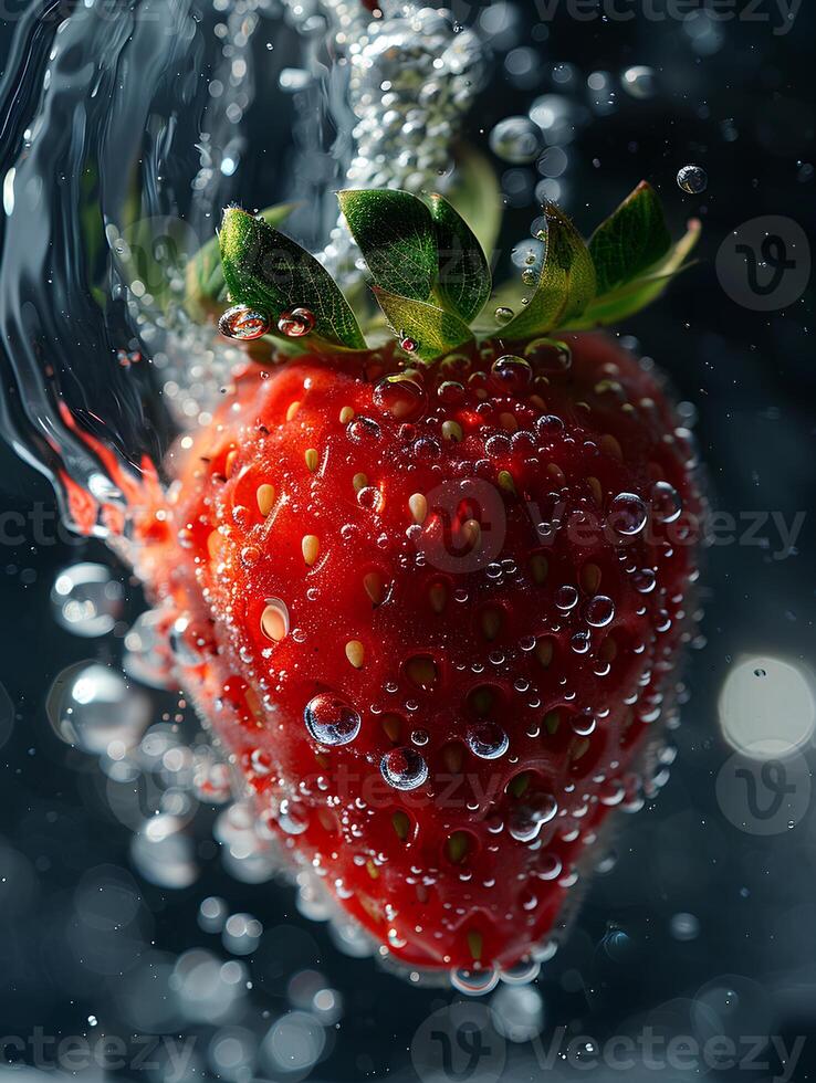 ai généré fermer une de mûr 1 fraise, avec l'eau gouttelettes, chute dans une Profond noir l'eau réservoir, sous-marin la photographie, contraste renforcement, Naturel lumière du soleil filtration par l'eau photo