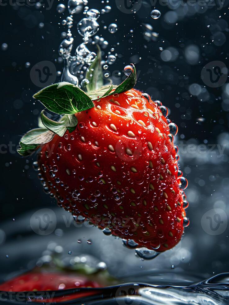 ai généré fermer une de mûr 1 fraise, avec l'eau gouttelettes, chute dans une Profond noir l'eau réservoir, sous-marin la photographie, contraste renforcement, Naturel lumière du soleil filtration par l'eau photo