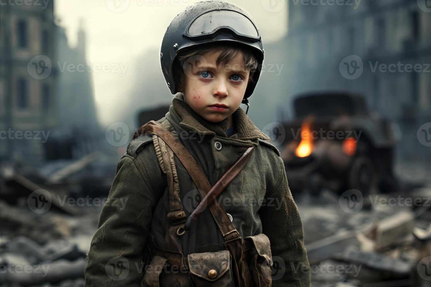 ai généré courageux militaire enfant garçon ruiné ville. produire ai photo