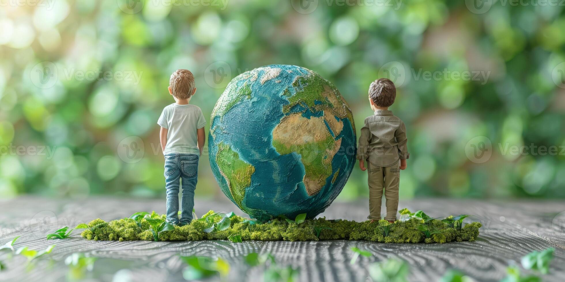 ai généré les enfants figurines permanent à côté de grand globe sur arbre souche. concept de environnement conscience, durabilité, et protéger la nature pour futur générations. photo