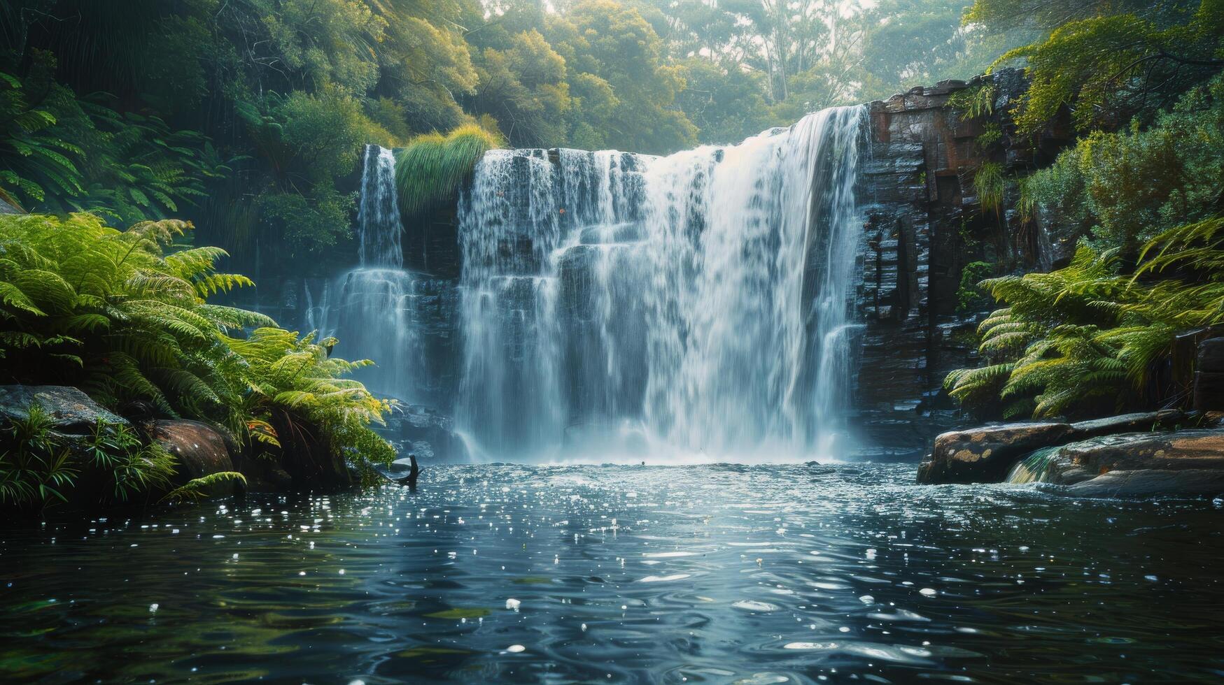 ai généré majestueux cascade entouré par corps de l'eau photo