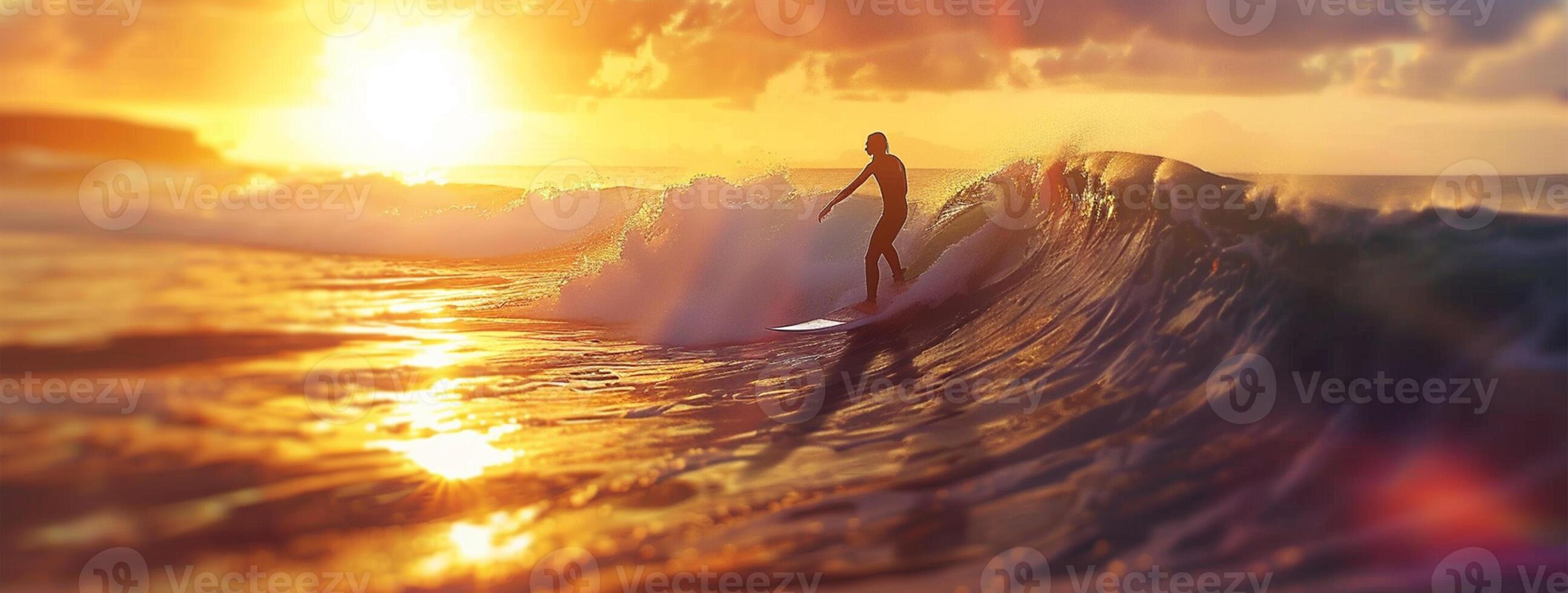 ai généré surfeur sur le océan vague à le coucher du soleil photo