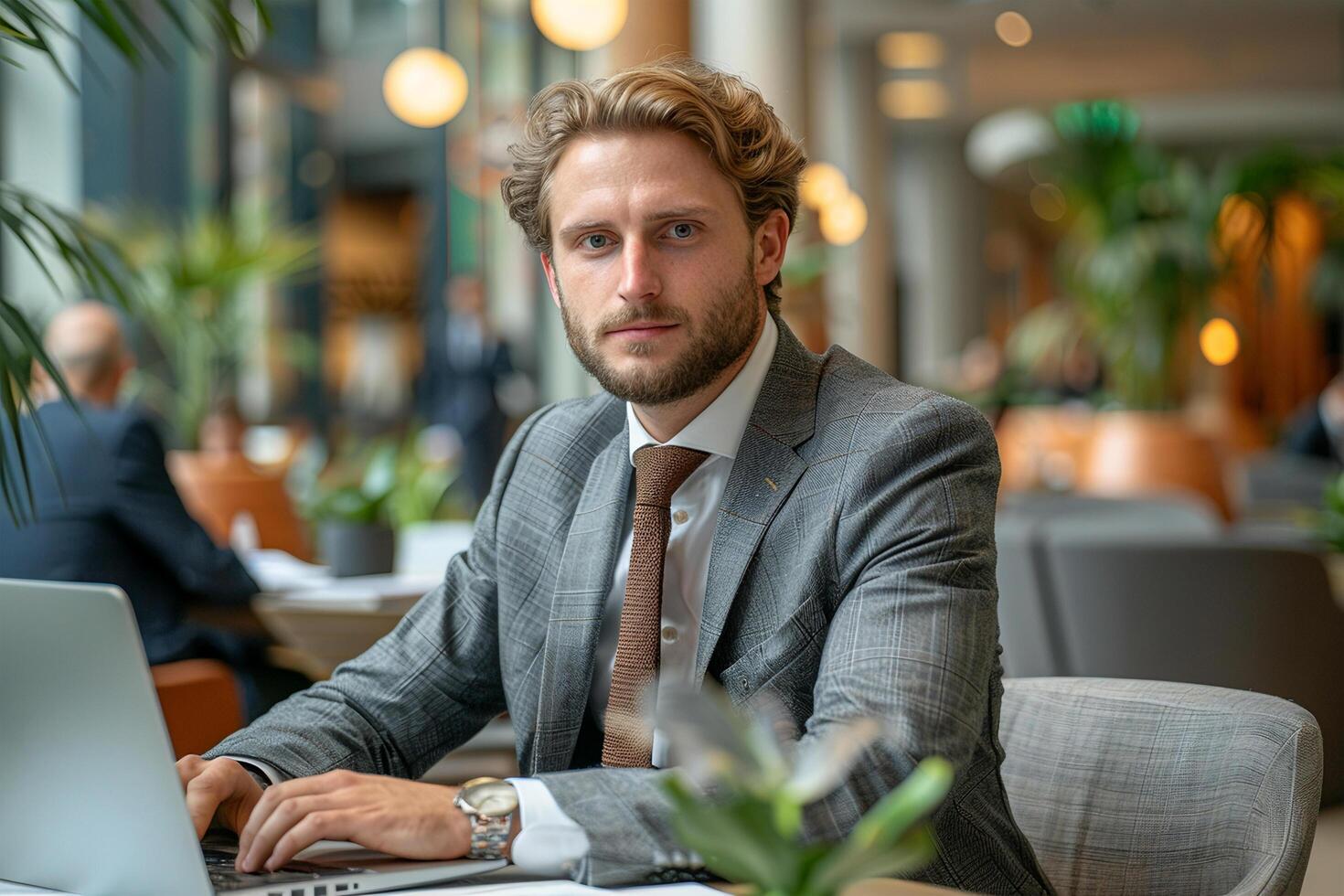 ai généré sur de soi homme d'affaire travail sur portable dans moderne Bureau hall réglage photo