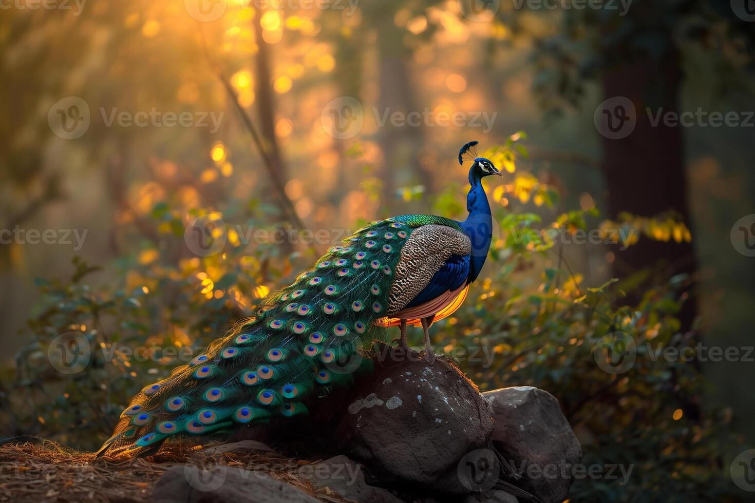 ai généré majestueux paon des stands fier dans Naturel habitat le coucher du soleil lumière. génératif ai photo