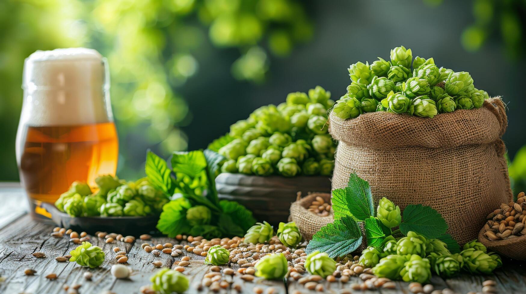 ai généré sac de vert le houblon avec verre de Bière photo